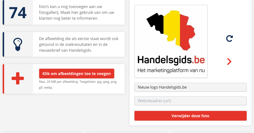 Links de teller met het aantal foto's dat je nog kan toevoegen, een tip en de knop Klik om afbeeldingen toe te voegen; rechts de eerste foto