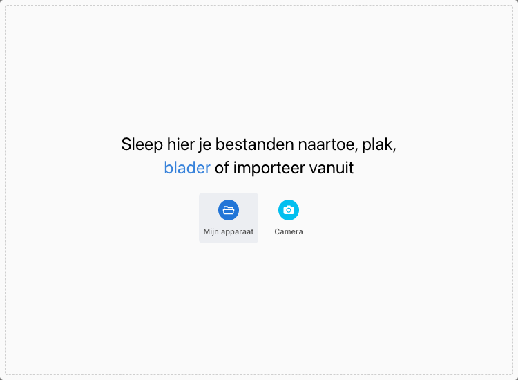 Het venster om foto's toe te voegen, met de tekst Sleep hier je bestanden naartoe en de knoppen Mijn apparaat en Camera
