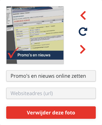 Eén foto met ernaast twee rode pijltjes en een draai-icoon, en eronder het veld voor de beschrijving, het veld Websiteadres en de knop Verwijder deze foto