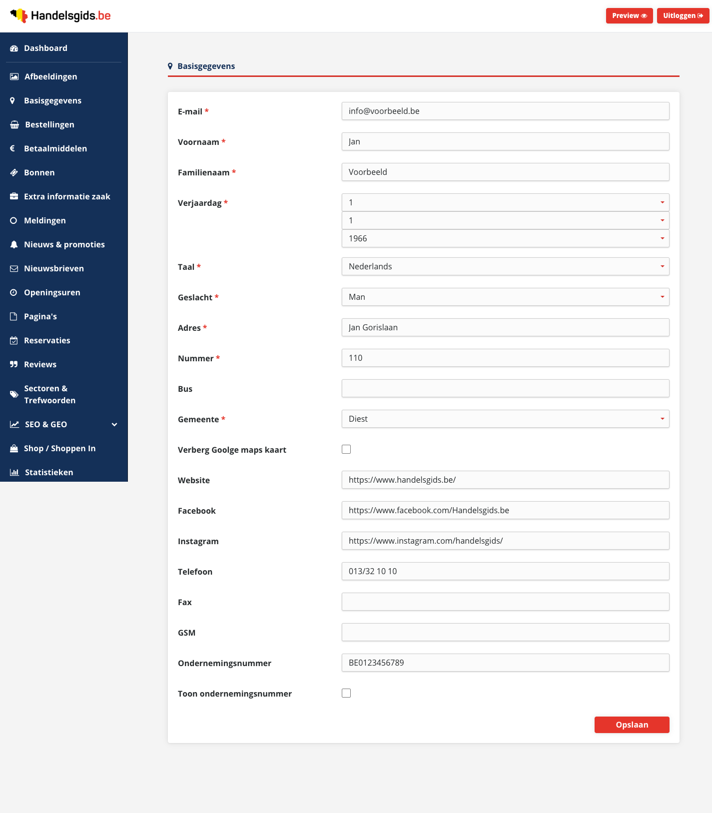 De pagina Basisgegevens: een formulier met de velden E-mail, Voornaam, Familienaam, Verjaardag, Taal, Geslacht, Adres, Nummer, Bus, Gemeente, Website, Facebook, Instagram, Telefoon, Fax, GSM en Ondernemingsnummer, en onderaan de knop Opslaan