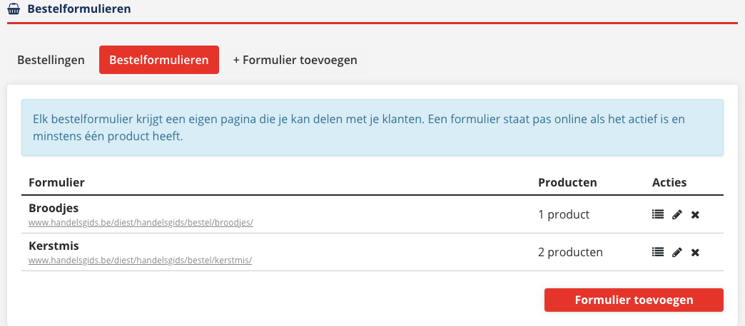 De tab Bestelformulieren met een tabel van twee formulieren, hun adres, het aantal producten en rechts drie icoontjes, en onderaan de knop Formulier toevoegen