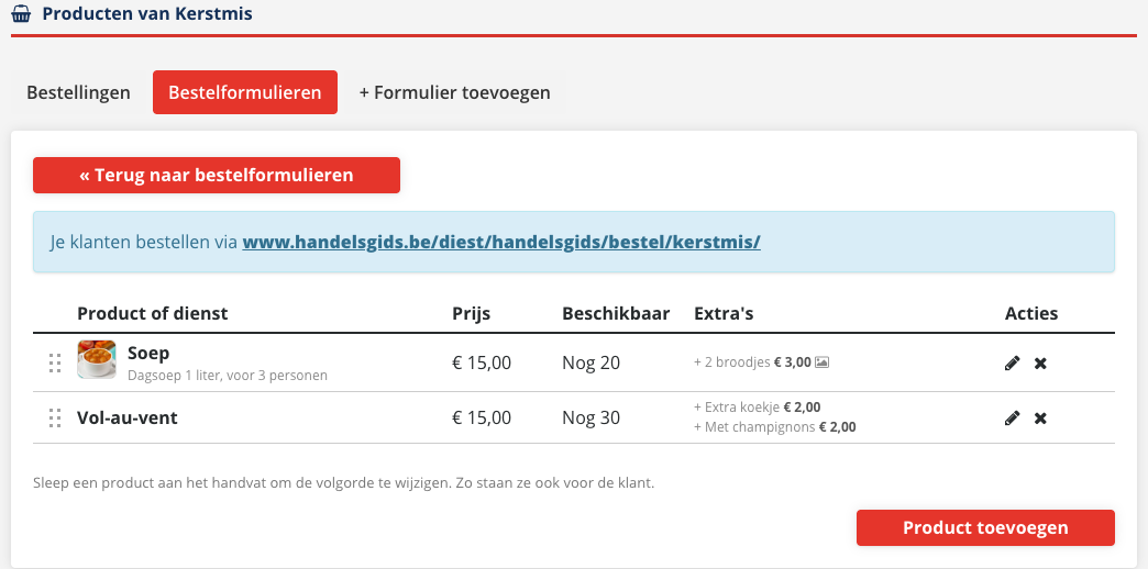 De producten van het formulier Kerstmis: bovenaan het adres waar klanten bestellen, daaronder een tabel met twee producten, hun prijs, het aantal dat nog beschikbaar is, hun extra's en rechts een potlood en een kruisje