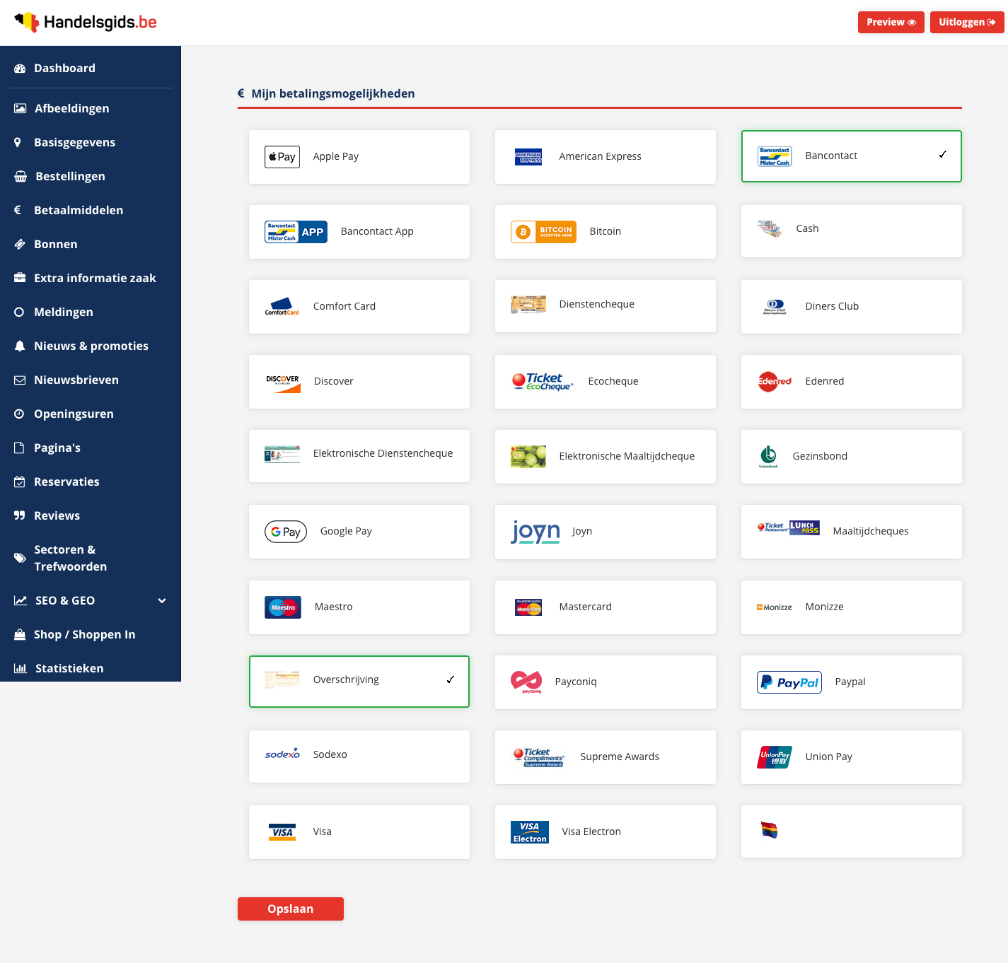 De pagina Betaalmiddelen met de titel Mijn betalingsmogelijkheden, dertig vakken met elk een logo en een naam, en onderaan de knop Opslaan