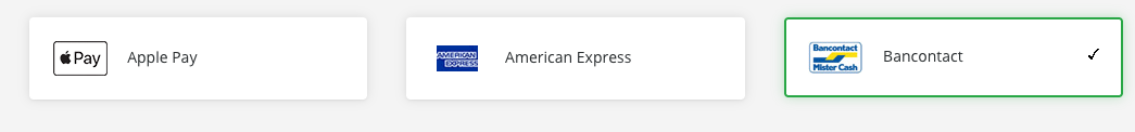 Drie vakken naast elkaar: Apple Pay en American Express zonder rand, Bancontact met een groene rand en een vinkje