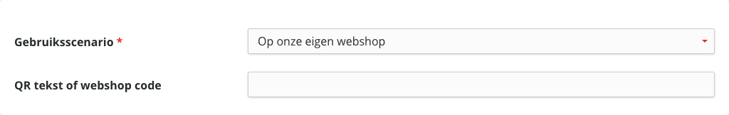 Het veld Gebruiksscenario met de keuze Op onze eigen webshop en daaronder het extra veld QR tekst of webshop code