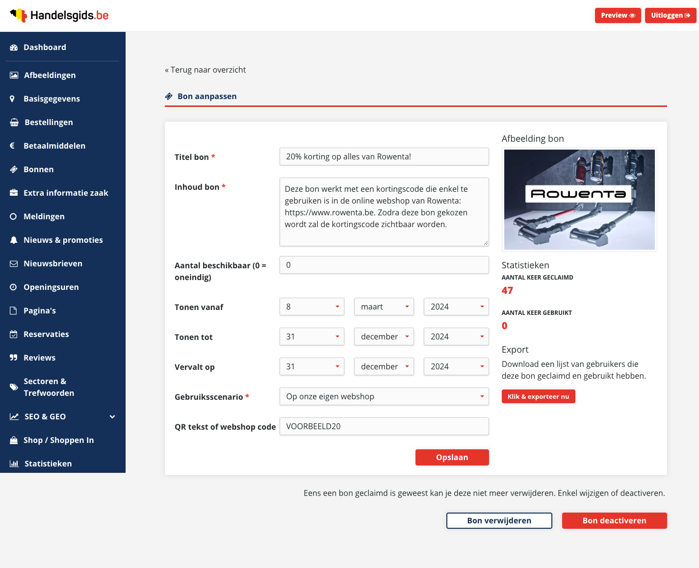 De pagina Bon aanpassen met links het formulier en rechts de afbeelding van de bon, de statistieken en de export, en onderaan de knoppen Bon verwijderen en Bon deactiveren