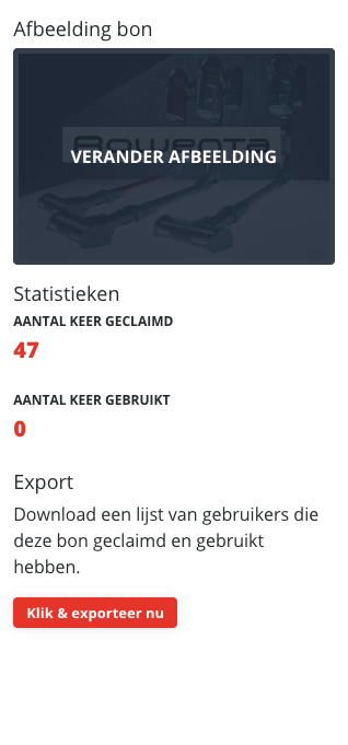 De rechterkolom van de pagina Bon aanpassen: de afbeelding met de tekst Verander afbeelding erover, de statistieken Aantal keer geclaimd en Aantal keer gebruikt, en de knop Klik en exporteer nu