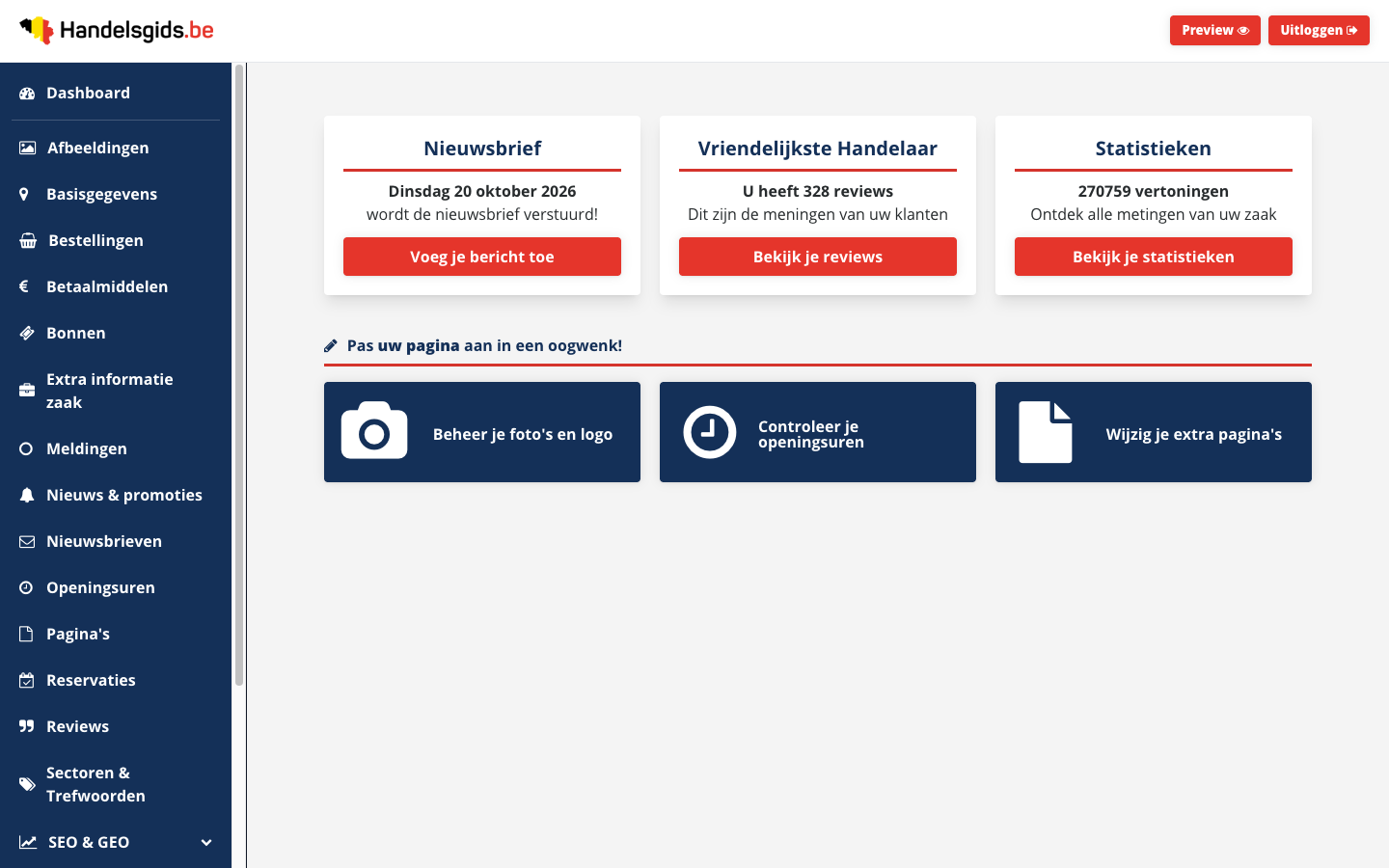 Het Dashboard met links het menu, rechtsboven de knoppen Preview en Uitloggen, drie vakken met cijfers en daaronder drie snelkoppelingen