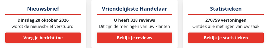De vakken Nieuwsbrief, Vriendelijkste Handelaar en Statistieken, elk met een cijfer of datum en een rode knop