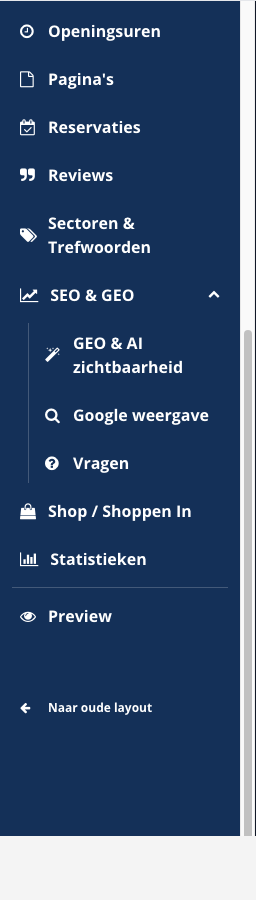 Het onderste deel van het menu met de opengeklapte groep SEO & GEO, daaronder Shop / Shoppen In, Statistieken, Preview en Naar oude layout