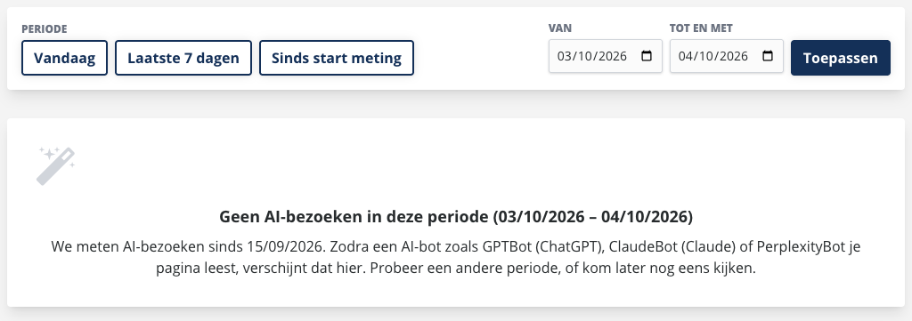 De balk Periode met een eigen periode van 03/10/2026 tot en met 04/10/2026 en daaronder de melding Geen AI-bezoeken in deze periode