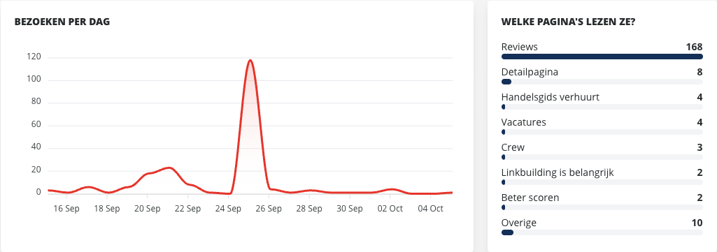Links de lijngrafiek Bezoeken per dag met één hoge piek, rechts de lijst Welke pagina's lezen ze? met balken voor Reviews, Detailpagina en een aantal eigen pagina's