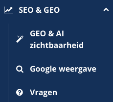 De opengeklapte menugroep SEO & GEO met de onderdelen GEO & AI zichtbaarheid, Google weergave en Vragen