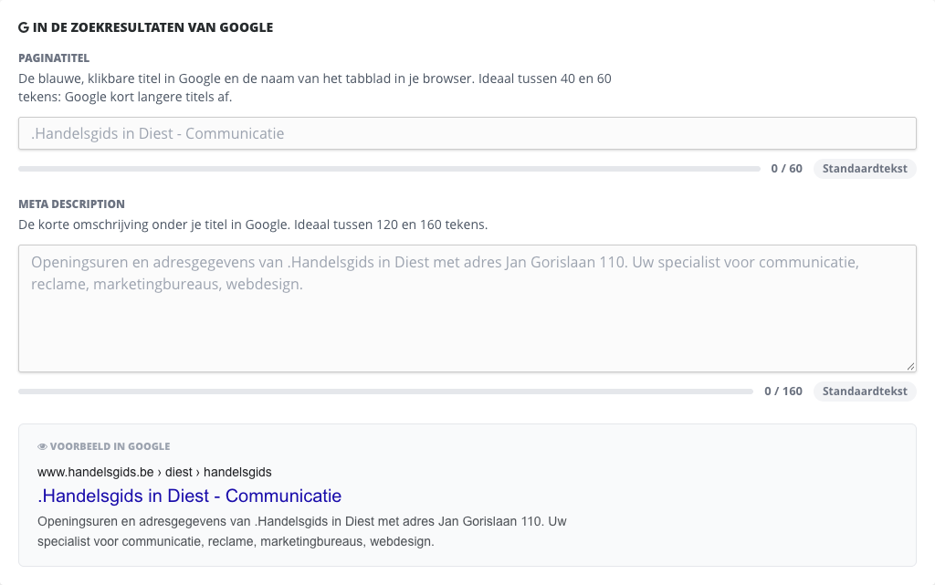 Het blok In de zoekresultaten van Google met de velden Paginatitel en Meta description, onder elk veld een balk met een teller en het woord Standaardtekst, en onderaan het kader Voorbeeld in Google