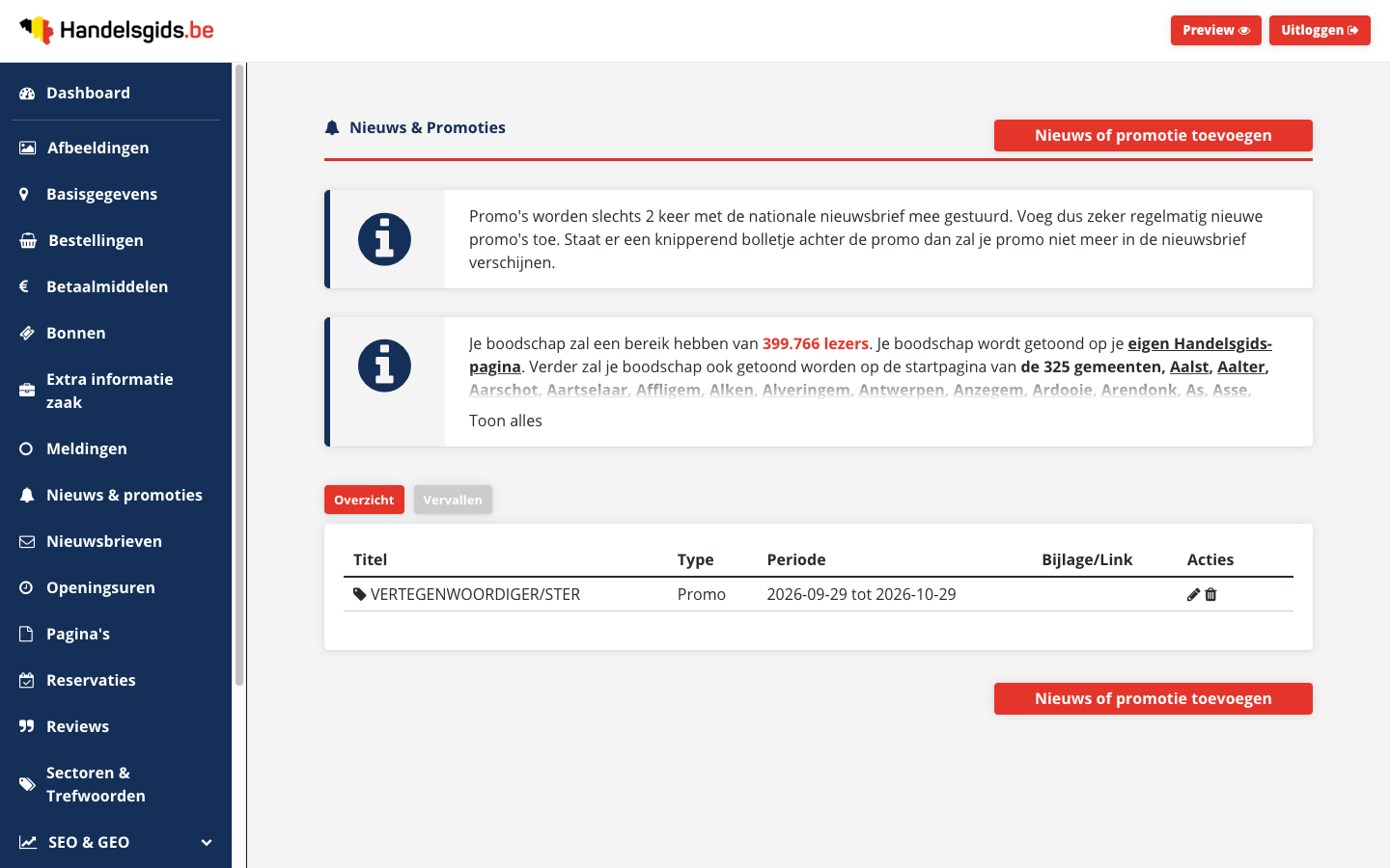 De pagina Nieuws & Promoties met de knop Nieuws of promotie toevoegen, twee vakken met uitleg, de tabbladen Overzicht en Vervallen en een lijst met één promo