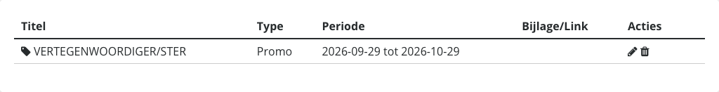 De lijst met de kolommen Titel, Type, Periode, Bijlage/Link en Acties, met één promo en daarachter een potlood en een vuilnisbak