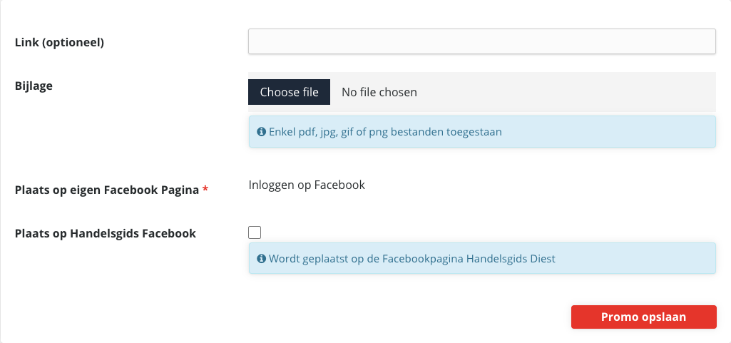 De velden Link (optioneel) en Bijlage, de link Inloggen op Facebook bij Plaats op eigen Facebook Pagina, het vakje Plaats op Handelsgids Facebook met de tekst Wordt geplaatst op de Facebookpagina Handelsgids Diest, en de knop Promo opslaan