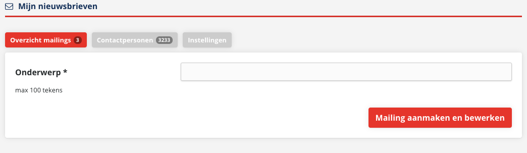 Het formulier met het veld Onderwerp en de knop Mailing aanmaken en bewerken