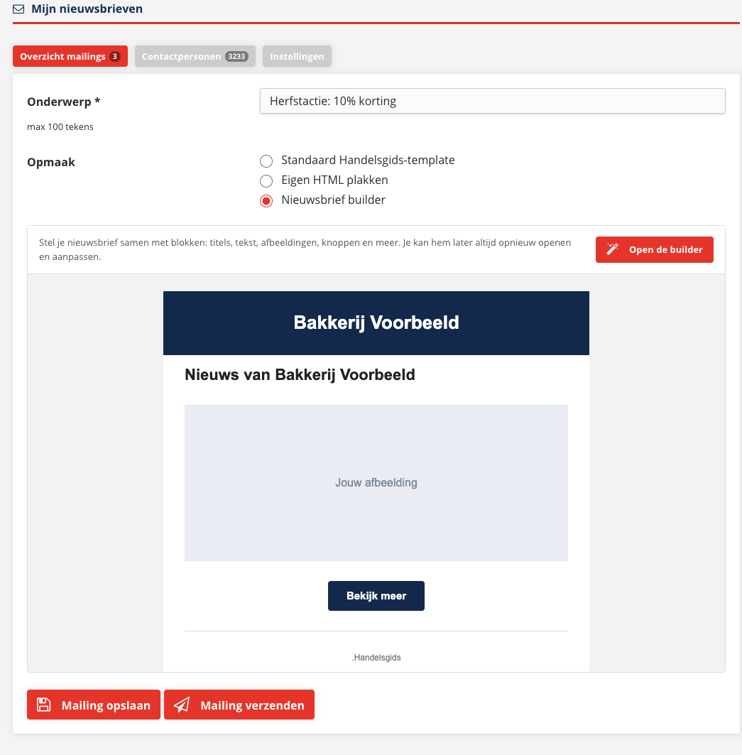 Het scherm om een nieuwsbrief te bewerken met het onderwerp, de drie keuzes bij Opmaak, een voorbeeld van de nieuwsbrief en de knoppen Mailing opslaan en Mailing verzenden