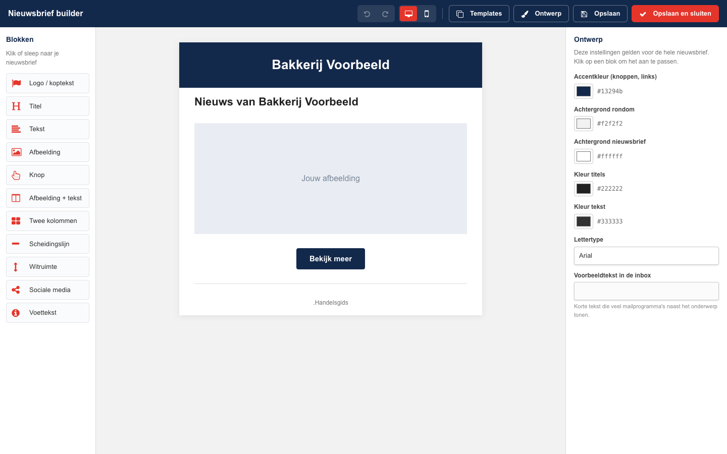 De Nieuwsbrief builder met links de lijst Blokken, in het midden de nieuwsbrief en rechts het paneel Ontwerp met kleuren en lettertype
