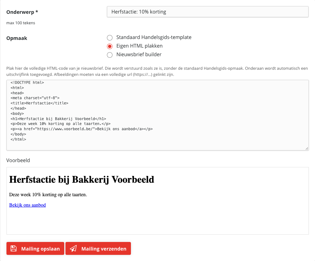 Het bewerkscherm met de opmaak Eigen HTML plakken: een vak met HTML-code en daaronder het voorbeeld