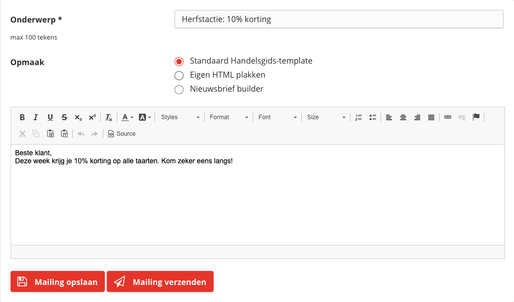 Het bewerkscherm met de opmaak Standaard Handelsgids-template: een tekstvak met een werkbalk erboven
