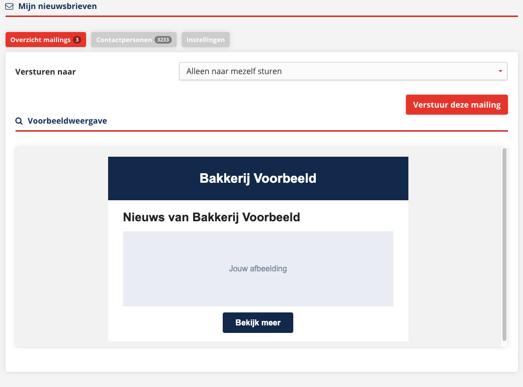 Het verzendscherm met de keuzelijst Versturen naar, de knop Verstuur deze mailing en de voorbeeldweergave van de nieuwsbrief