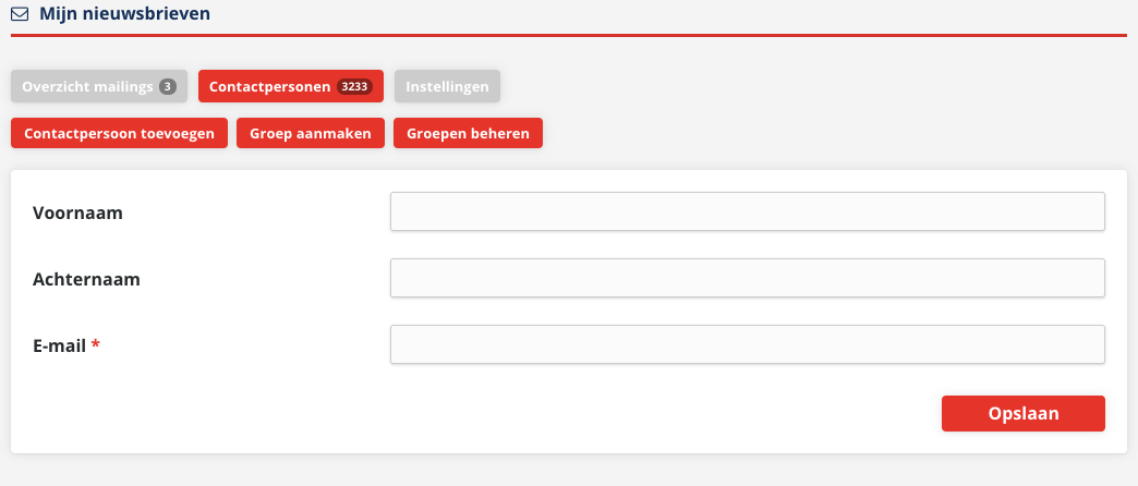 Het formulier met de velden Voornaam, Achternaam en E-mail en de knop Opslaan
