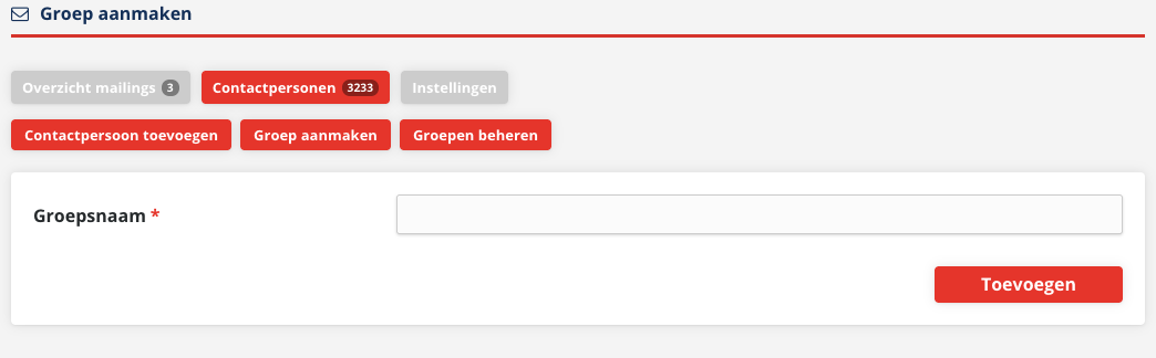 Het formulier Groep aanmaken met het veld Groepsnaam en de knop Toevoegen