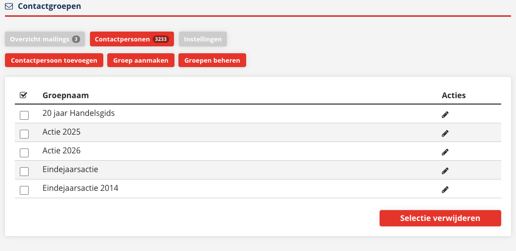 De lijst Contactgroepen met per groep een aankruisvakje en een potlood, en onderaan de knop Selectie verwijderen