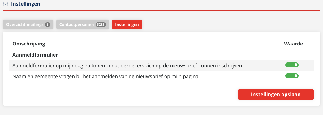 De tab Instellingen met twee schuifknoppen onder Aanmeldformulier en de knop Instellingen opslaan