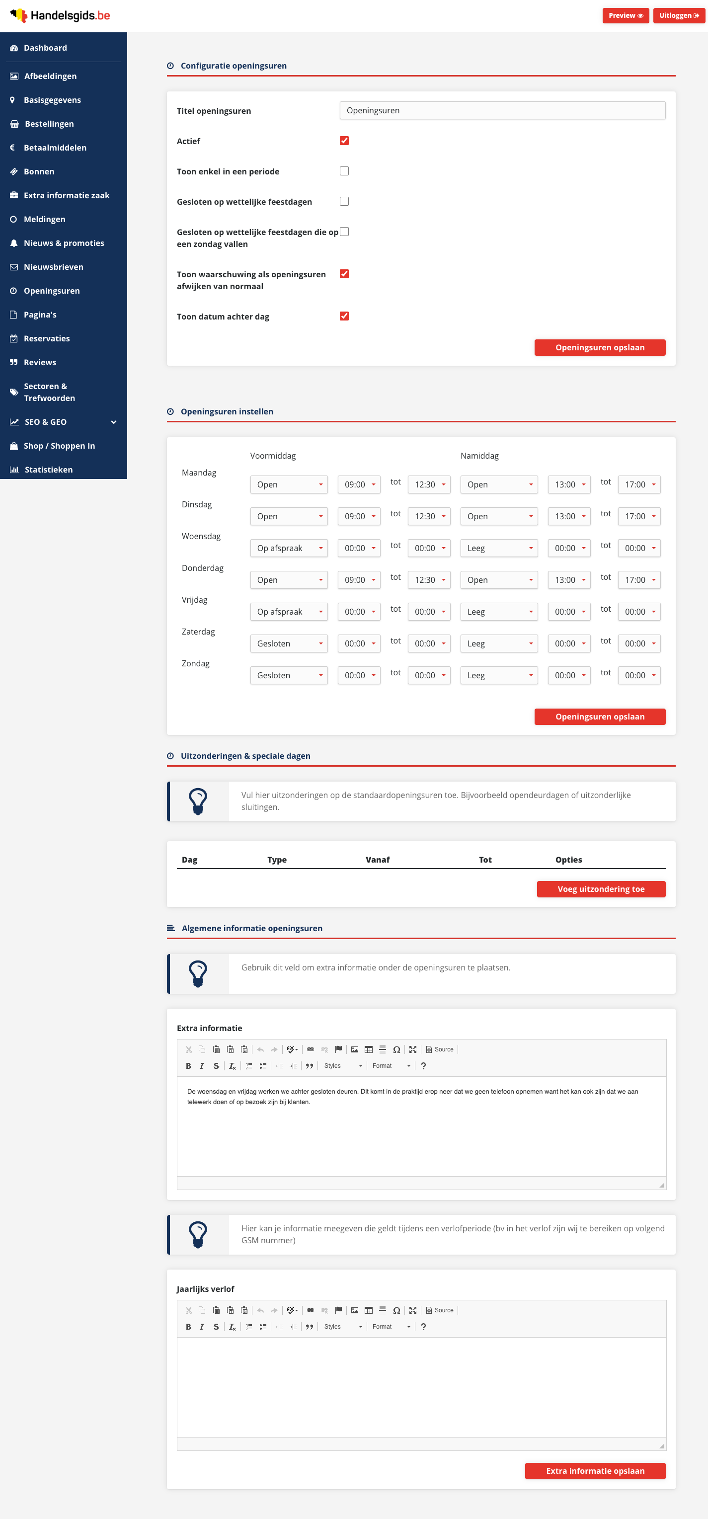 De pagina Openingsuren met onder elkaar de configuratie, de uren per dag, de uitzonderingen en de extra informatie