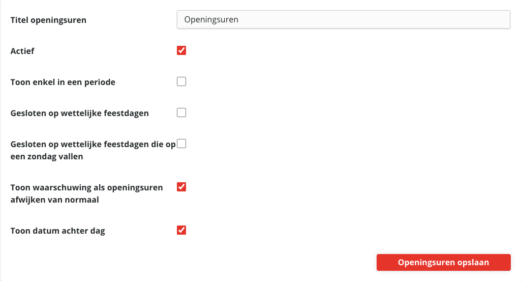 Het deel Configuratie openingsuren met de titel, zes vinkjes en de knop Openingsuren opslaan