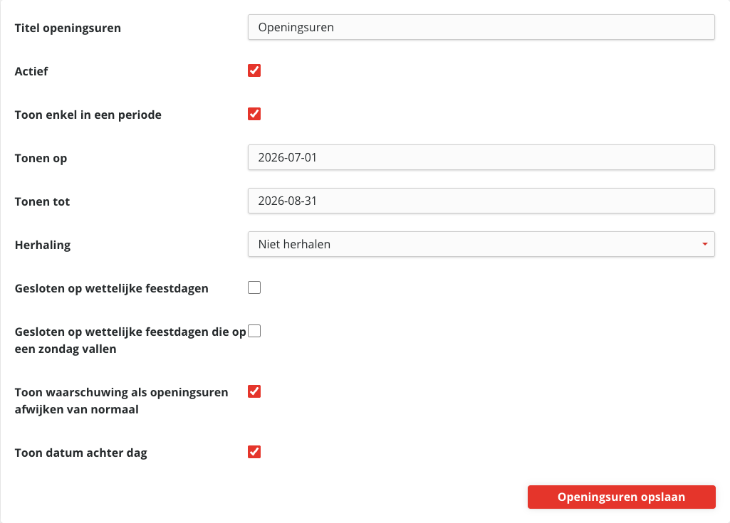 De configuratie met Toon enkel in een periode aangevinkt en de velden Tonen op, Tonen tot en Herhaling ingevuld