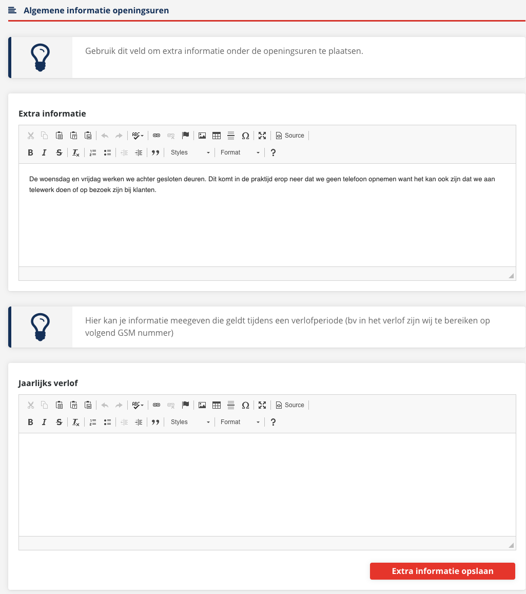 Het deel Algemene informatie openingsuren met de tekstvakken Extra informatie en Jaarlijks verlof en de knop Extra informatie opslaan