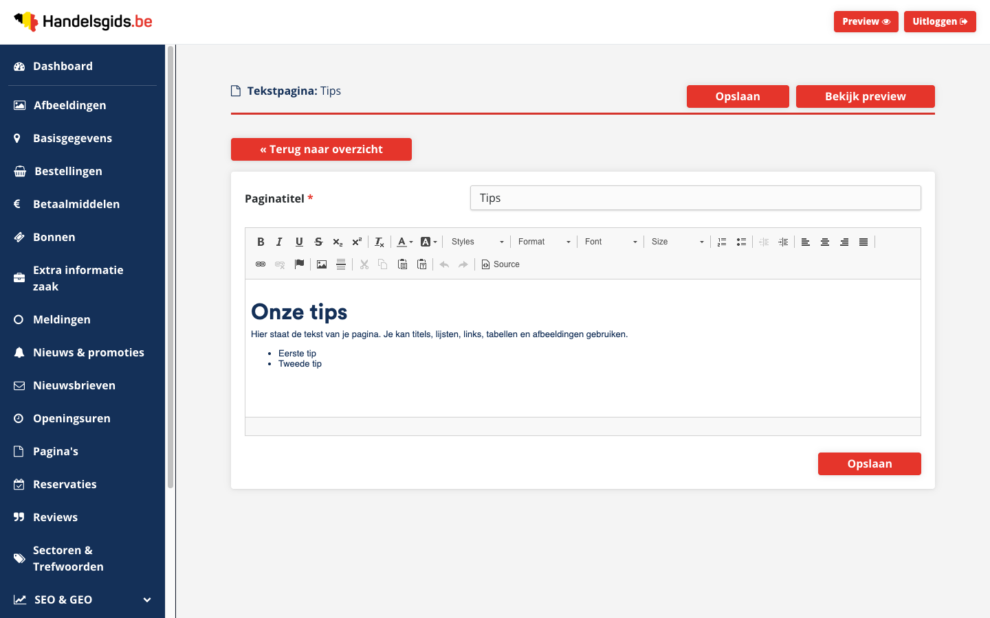 Het scherm Tekstpagina met het veld Paginatitel, het tekstvak met een rij opmaakknoppen en de knoppen Opslaan, Bekijk preview en Terug naar overzicht