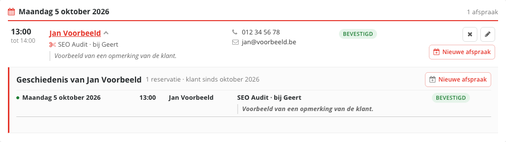Eén reservatie met het uur, de naam, de dienst, de contactgegevens, de status Bevestigd en rechts de knoppen; daaronder de opengeklapte geschiedenis van de klant