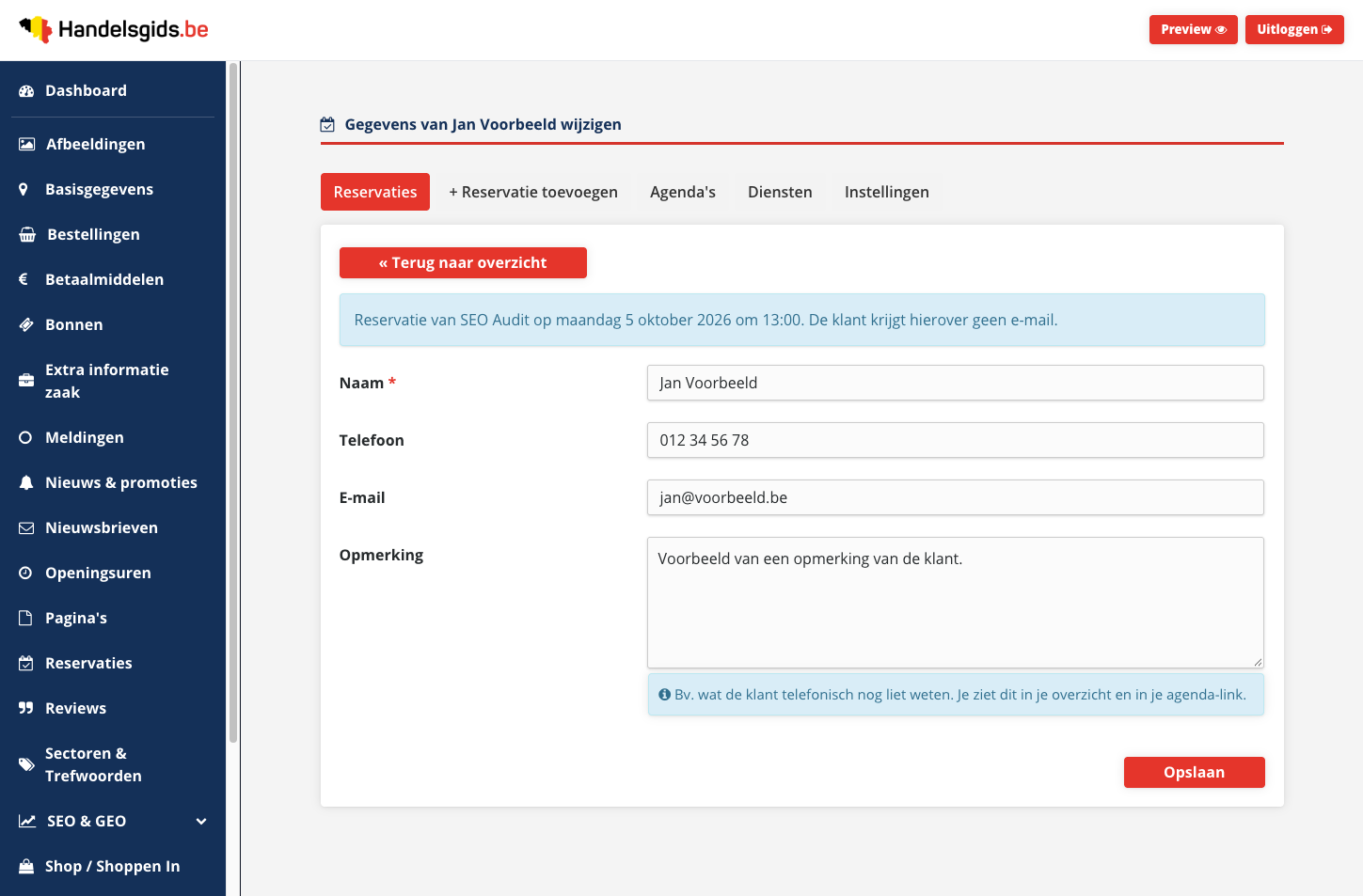Het formulier om de gegevens van een klant te wijzigen, met de velden Naam, Telefoon, E-mail en Opmerking en de knop Opslaan