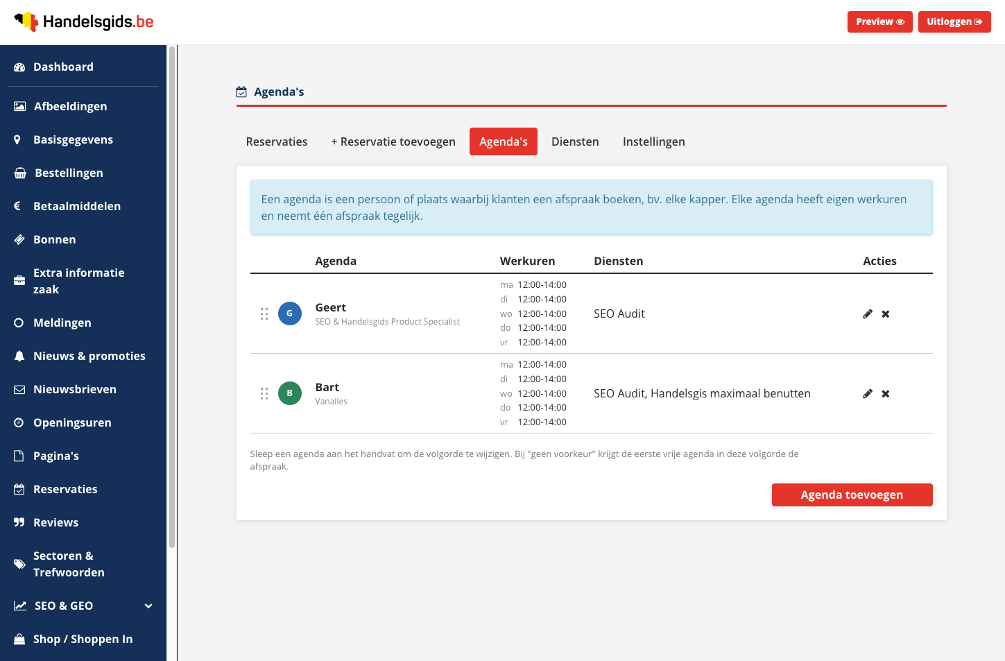De tab Agenda's met een tabel van twee agenda's, hun werkuren, hun diensten en rechts een potlood en een kruisje, en onderaan de knop Agenda toevoegen