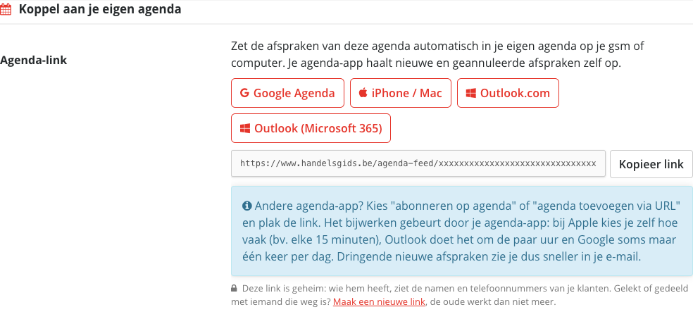 Het blok Koppel aan je eigen agenda met de knoppen Google Agenda, iPhone / Mac, Outlook.com en Outlook (Microsoft 365), de agenda-link en de knop Kopieer link