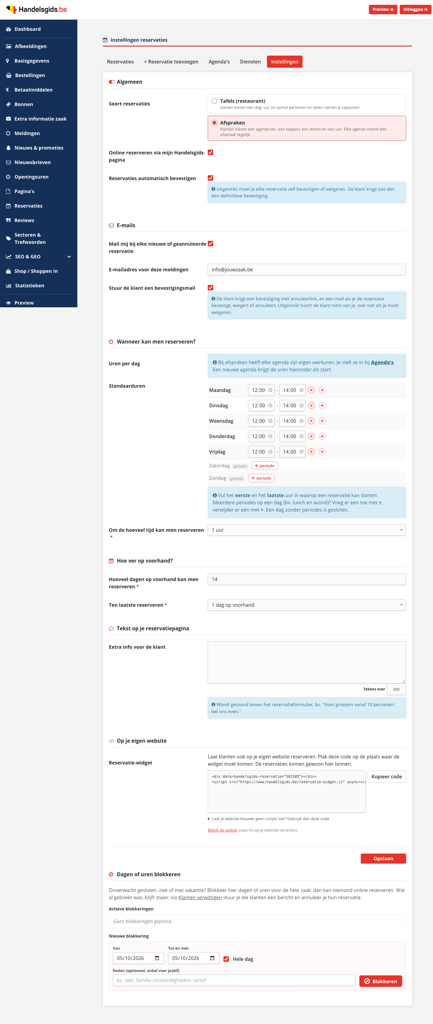 De tab Instellingen met de blokken Algemeen, E-mails, Wanneer kan men reserveren, Hoe ver op voorhand, Tekst op je reservatiepagina, Op je eigen website en Dagen of uren blokkeren