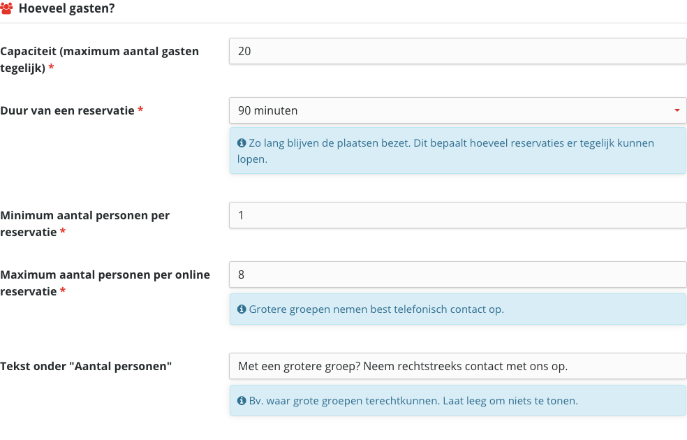 Het blok Hoeveel gasten met de velden Capaciteit, Duur van een reservatie, Minimum en Maximum aantal personen en Tekst onder Aantal personen