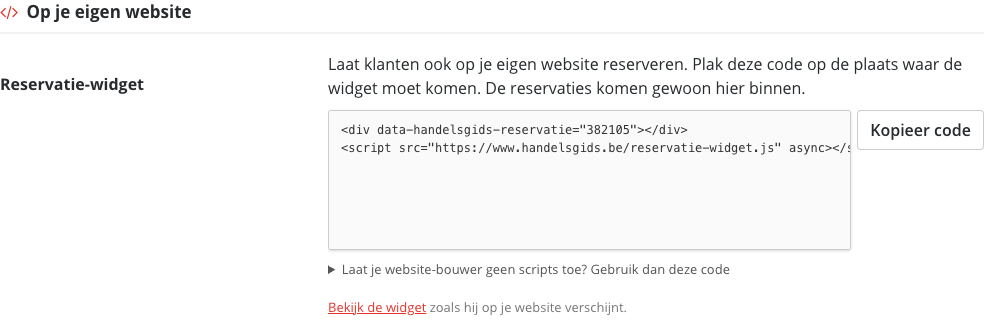 Het blok Op je eigen website met de code van de reservatie-widget, de knop Kopieer code en de link Bekijk de widget
