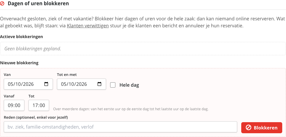 Het blok Dagen of uren blokkeren met de lijst Actieve blokkeringen en het formulier Nieuwe blokkering met de velden Van, Tot en met, Hele dag, Vanaf, Tot en Reden en de knop Blokkeren