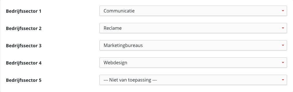 Vijf keuzelijsten onder elkaar, Bedrijfssector 1 tot 5. De eerste vier zijn ingevuld, de vijfde staat op Niet van toepassing