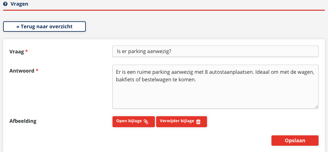 Het formulier van een bestaande vraag met ingevulde velden en bij Afbeelding de knoppen Open bijlage en Verwijder bijlage