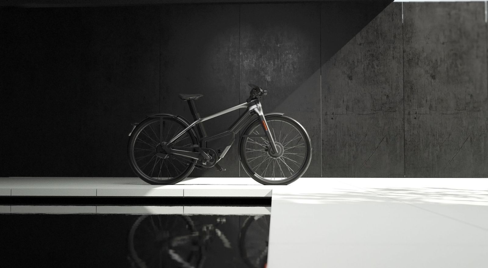 De Specter 2 speed pedelec voor een betonnen wand